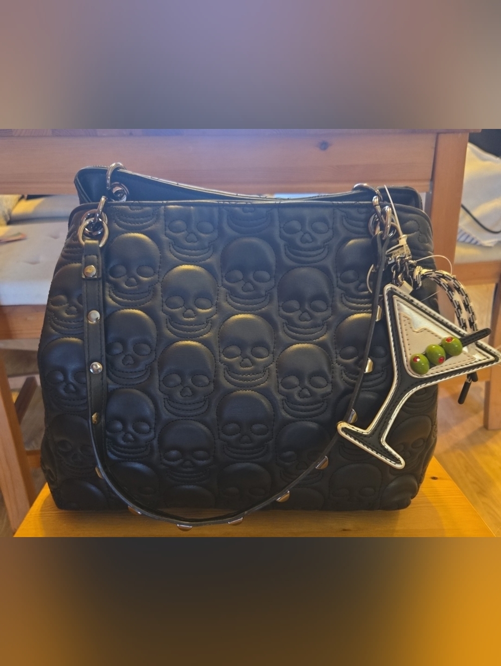 Betsey Johnson Black Quilted Skull Shoulder Bag with Martini Charm Keychain